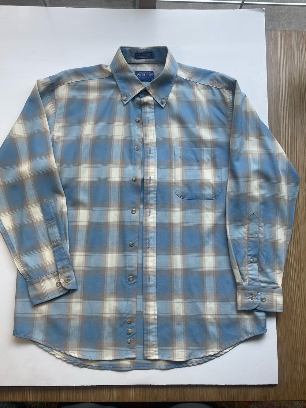 Sir Pendleton Wool Shirt Large Mens Blue Plaid Button Down Worsted Wool L